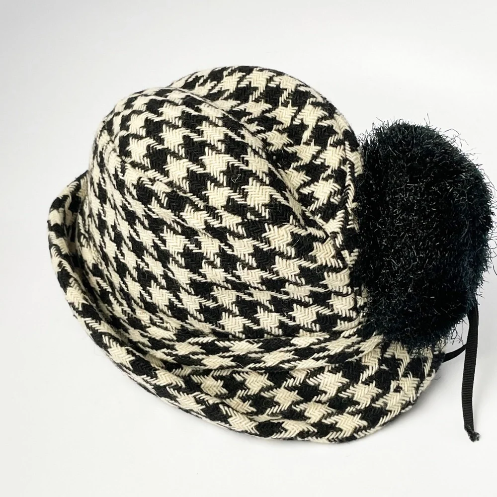 Vintage Adolfo Hat & Scarf Set 2pc Black & White Houndstooth Knit Fringe Rare